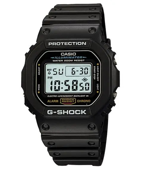 Casio G-Shock DW-5600E-1V black resin digital watch with square case and reverse LCD display