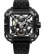 Square black IP steel watch with skeleton dial and black silicone strap