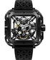 Square black IP steel watch with skeleton dial and black silicone strap