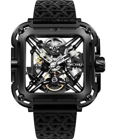 Square black IP steel watch with skeleton dial and black silicone strap