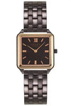 Obaku Graf Walnut V309LXXNSN quartz ladies watch with rectangular brown dial, rose gold-tone accents, and gunmetal grey stainless steel bracelet