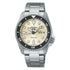 Seiko 5 Sports SRPK31K1 automatic dive watch with cream dial, black bezel, and stainless steel bracelet on white background