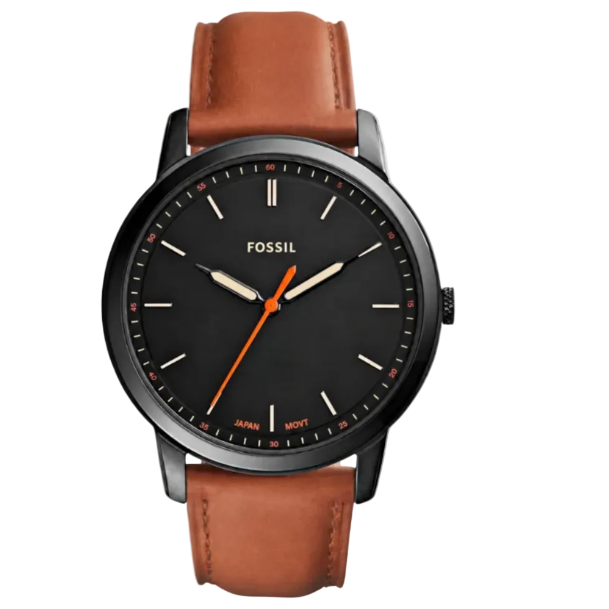 Fossil FS5305 black dial watch with orange seconds hand and leather strap