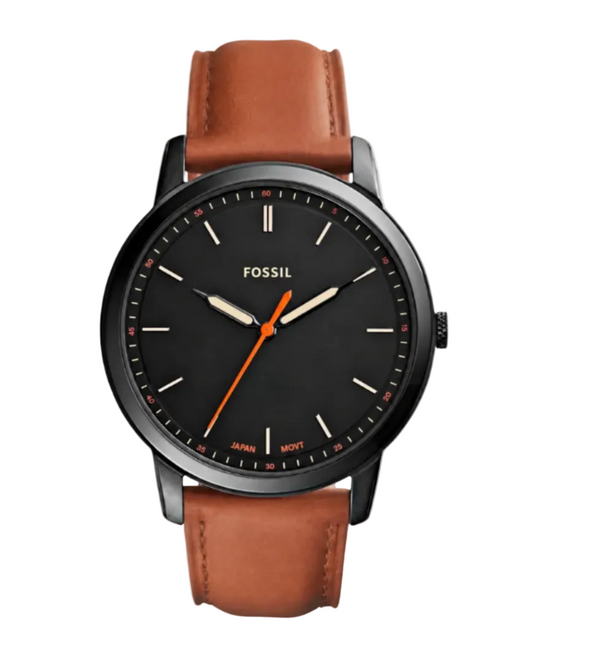 Fossil Minimalist Quartz Black Dial Stainless Steel Watch with Leather Strap (FS5305)