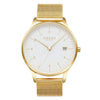 Obaku V298GDGWMG quartz watch with white dial, gold-tone Arabic numerals, date display, and gold-tone stainless steel mesh bracelet on white background