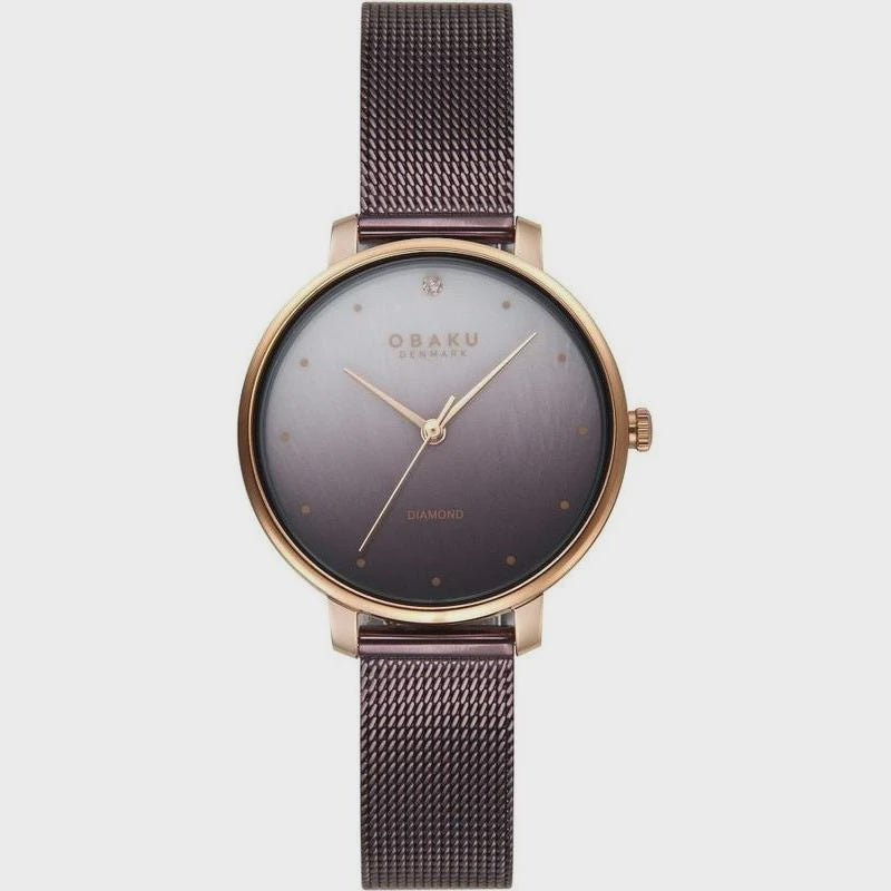 Obaku Diamond women's watch with brown mother-of-pearl dial and rose gold-tone mesh bracelet