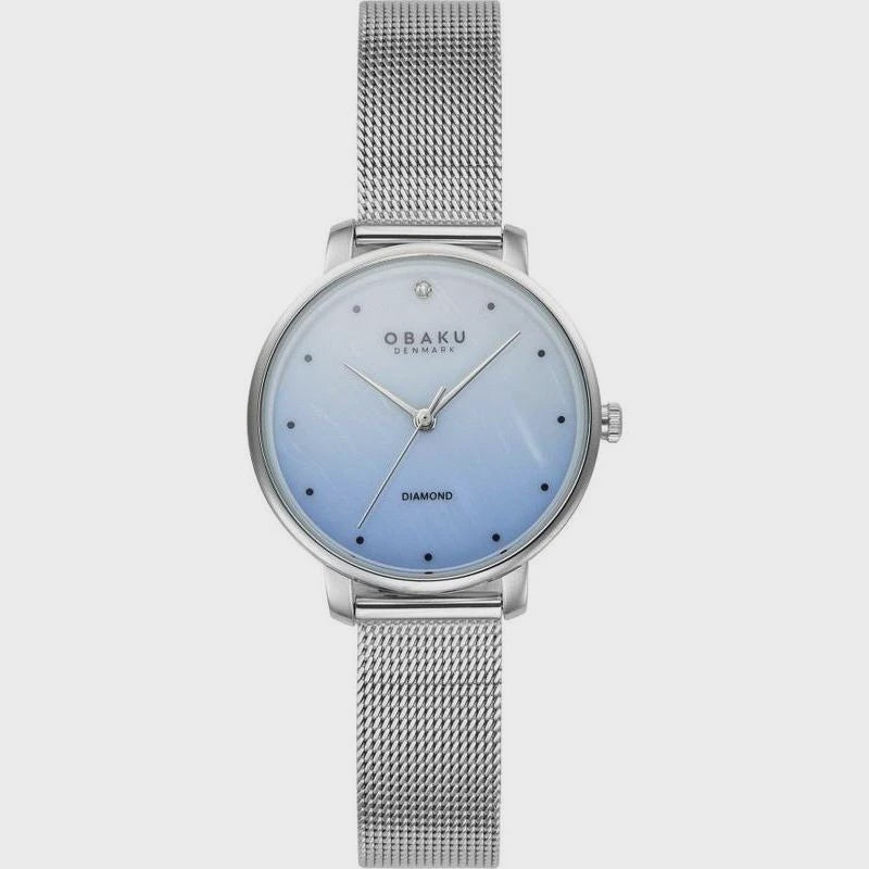 Obaku Diamond watch with blue dial, 30mm round steel case and mesh bracelet