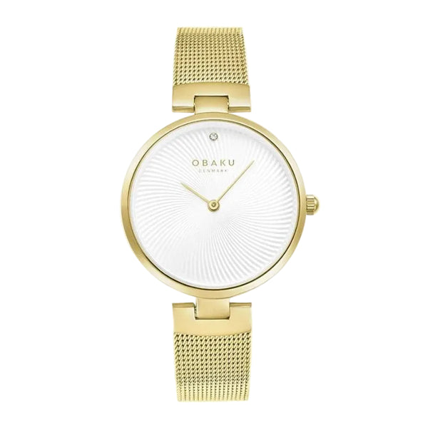 Obaku Diamant Quartz Silver White Dial Gold Mesh Bracelet Ladies Watch (V256LXGIMG)