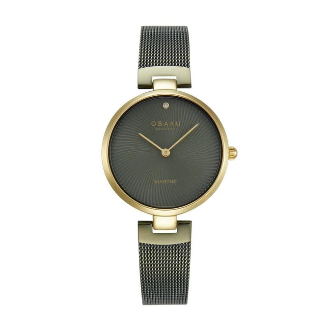 Obaku Diamant Chartreuse Quartz Diamond Grey Dial Mesh Bracelet Watch (V256LXGEME)
