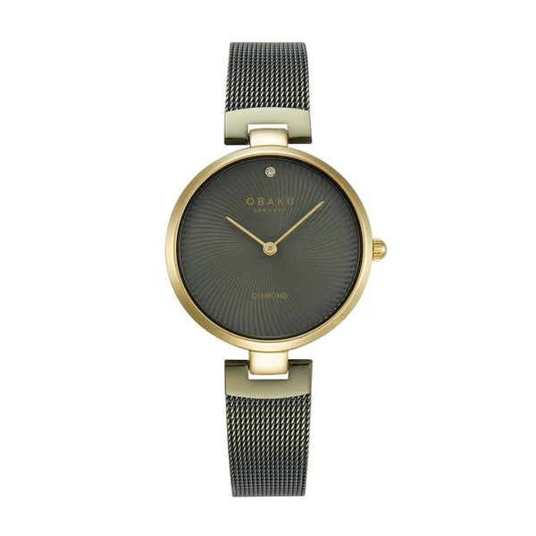 Obaku Diamant Chartreuse Quartz Diamond Grey Dial Mesh Bracelet Watch (V256LXGEME)