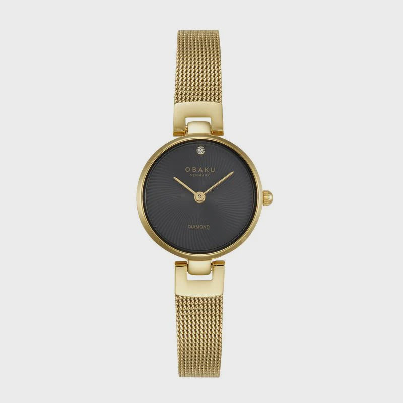 Obaku Diamant Petite V256SXGBMG ladies watch with black textured dial, diamond marker, gold-tone case and mesh bracelet