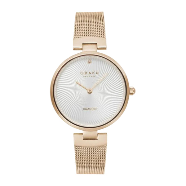 Obaku Diamant Quartz Silver White Dial Rose Gold Mesh Bracelet Ladies Watch (V256LXGIMG)