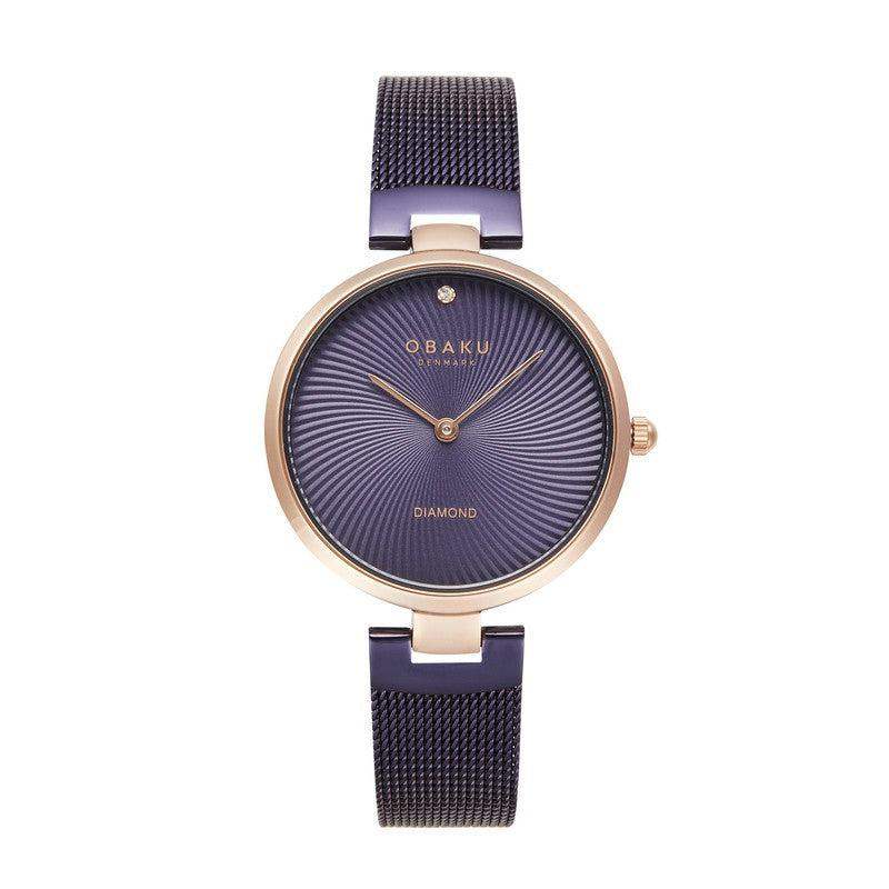 Obaku Diamant Violet V256LXVQMQ ladies quartz watch with blue sunburst dial, rose gold case, diamond accent and blue mesh bracelet