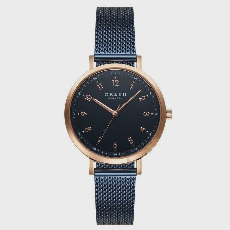 Obaku Dugfrisk watch with blue dial, rose gold-tone case and mesh bracelet