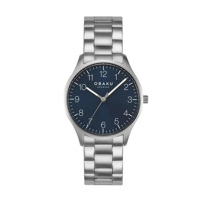 Obaku Falke Denim men's quartz watch with denim blue dial, Arabic numerals, and brushed stainless steel link bracelet, reference V260GXCLSC-DAF