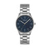 Obaku Falke Denim men's quartz watch with denim blue dial, Arabic numerals, and brushed stainless steel link bracelet, reference V260GXCLSC-DAF