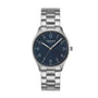 Obaku Falke Denim men's quartz watch with denim blue dial, Arabic numerals, and brushed stainless steel link bracelet, reference V260GXCLSC-DAF
