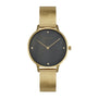 Obaku Figen Dijon ladies quartz watch with black dial, gold PVD case and stainless steel mesh bracelet on white background