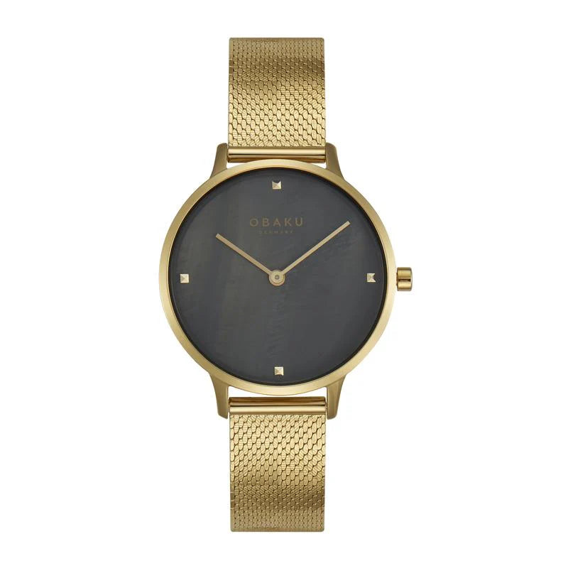 Obaku Figen Dijon ladies quartz watch with black dial, gold PVD case and stainless steel mesh bracelet on white background