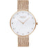 Obaku V288LXVWHV Glans Roses rose gold quartz watch with white mother-of-pearl dial and mesh bracelet on white background