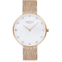 Obaku V288LXVWHV Glans Roses rose gold quartz watch with white mother-of-pearl dial and mesh bracelet on white background