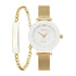 Obaku Lilje V299LXGWMG-EJBG ladies quartz watch with white dial, gold mesh bracelet, diamond marker at 12 o'clock, and matching gold chain bracelet gift set