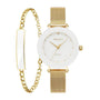 Obaku Lilje V299LXGWMG-EJBG ladies quartz watch with white dial, gold mesh bracelet, diamond marker at 12 o'clock, and matching gold chain bracelet gift set