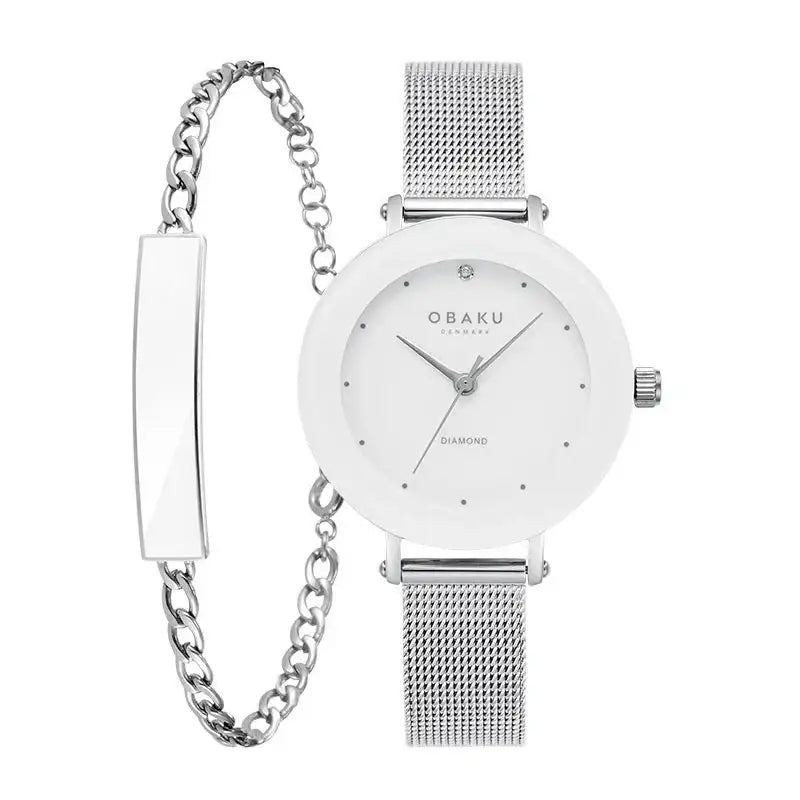 Obaku Lilje Steel V299LXCWMC-EJBCV white dial diamond ladies watch with stainless steel mesh bracelet and chain bracelet set