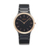 Obaku V292GXMBSB Linje Ink black dial quartz watch with IP black steel case and bracelet, rose gold fluted bezel, minimalist Scandinavian design