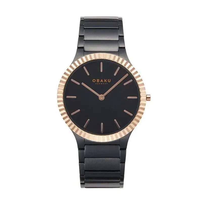 Obaku V292GXMBSB Linje Ink black dial quartz watch with IP black steel case and bracelet, rose gold fluted bezel, minimalist Scandinavian design