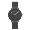 Obaku Net Lille V307LXBBMB ladies watch with 34mm gunmetal round case, matte black minimalist dial, and gunmetal mesh stainless steel bracelet