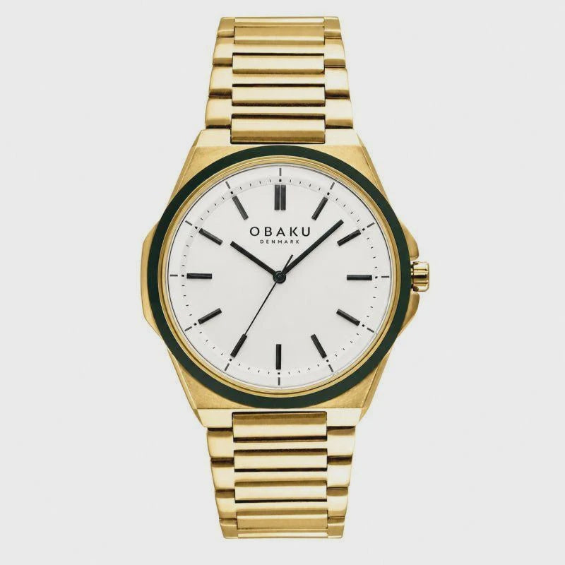 Obaku Nord Cider watch with white dial, green ceramic top ring and gold-tone steel bracelet