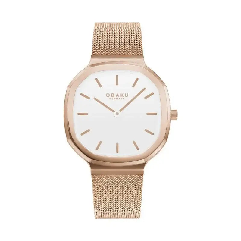 Obaku Oktant V253LXVWMV women's quartz watch with 32mm octagonal rose gold case, white dial, and rose gold Milanese mesh bracelet