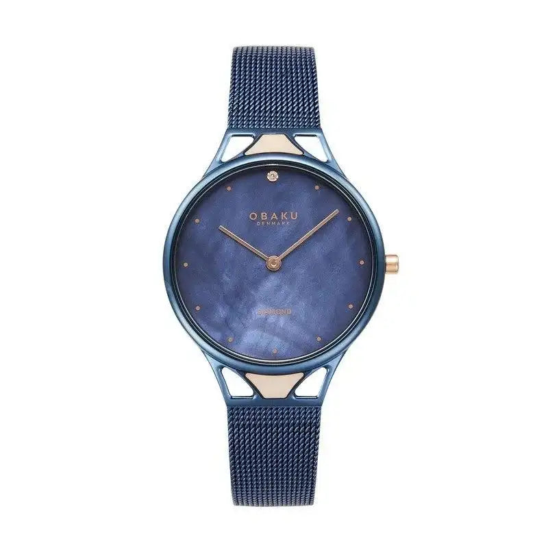 Obaku Pergament Marine V302LXLLML ladies watch with blue mother of pearl dial IP blue stainless steel case mesh bracelet