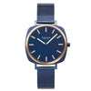 Obaku Punkter Lille Ocean V296LXSLML ladies quartz watch with blue PVD cushion case, blue dial with rose gold chapter ring, and blue stainless steel mesh bracelet