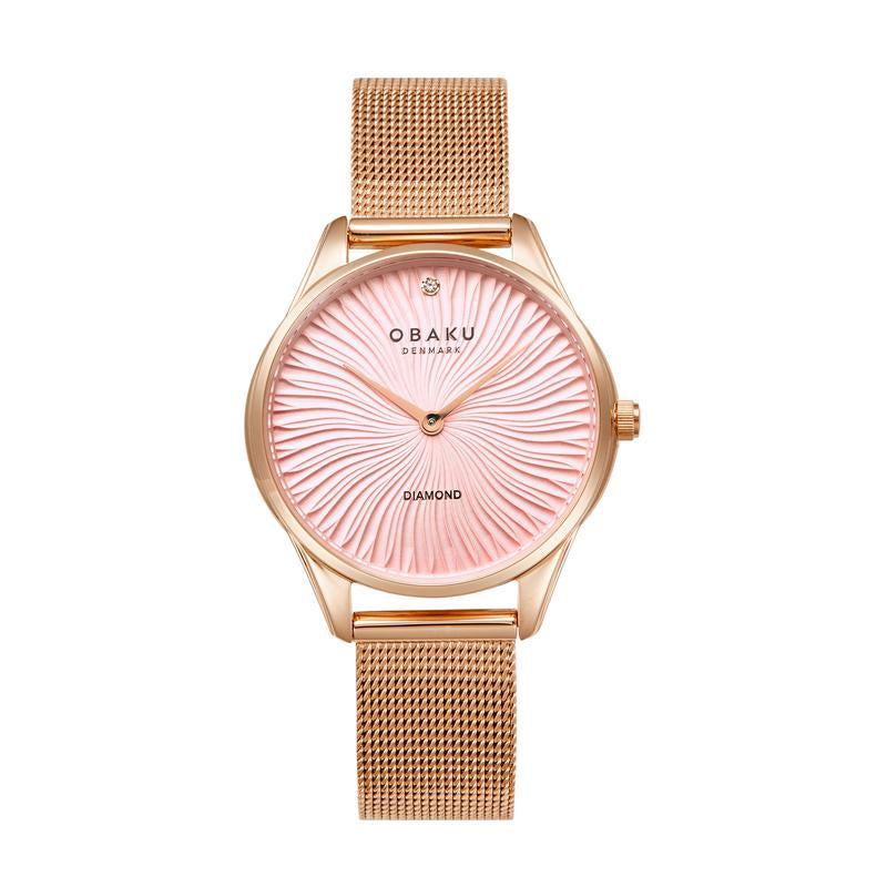 Obaku Smykke V297LXVPMV 32mm rose gold-plated quartz watch with pink guilloche dial, diamond marker, and stainless steel mesh bracelet