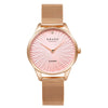 Obaku Smykke V297LXVPMV 32mm rose gold-plated quartz watch with pink guilloche dial, diamond marker, and stainless steel mesh bracelet