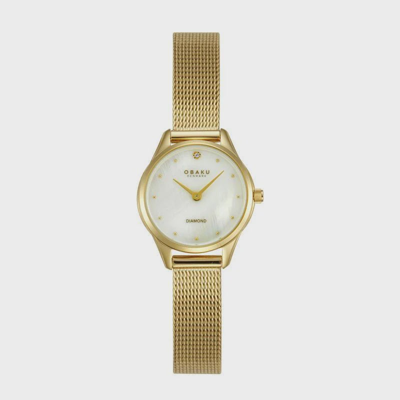 Obaku Smykke V297SXGWMG gold PVD quartz watch with mother-of-pearl dial, diamond marker, and mesh bracelet on white background