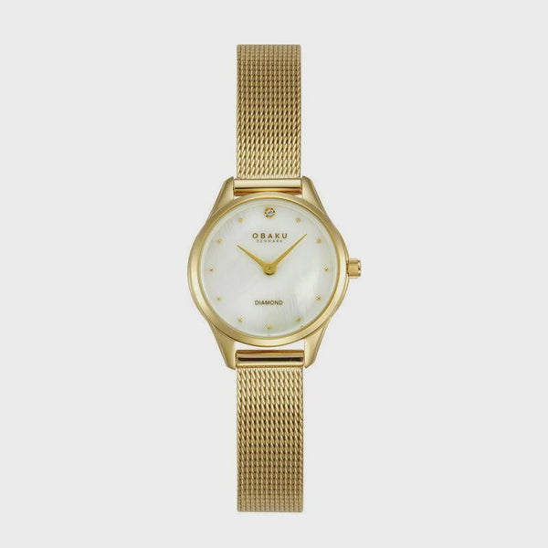 Obaku Smykke V297SXGWMG gold PVD quartz watch with mother-of-pearl dial, diamond marker, and mesh bracelet on white background