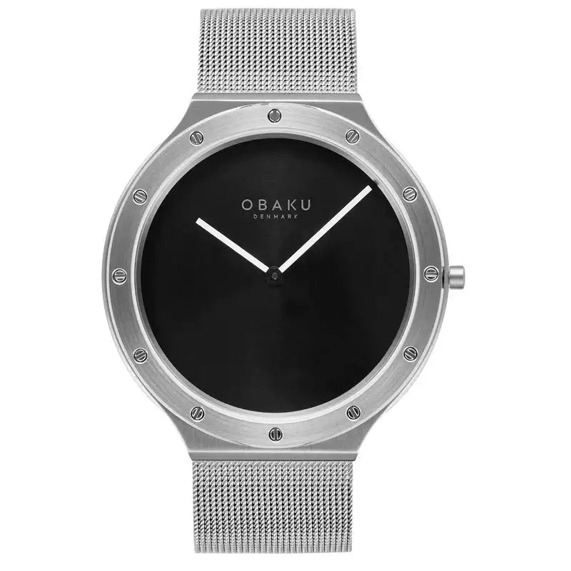 Obaku Onyx V285GXCBMC black dial quartz watch with stainless steel Milanese mesh bracelet and screw-accent bezel