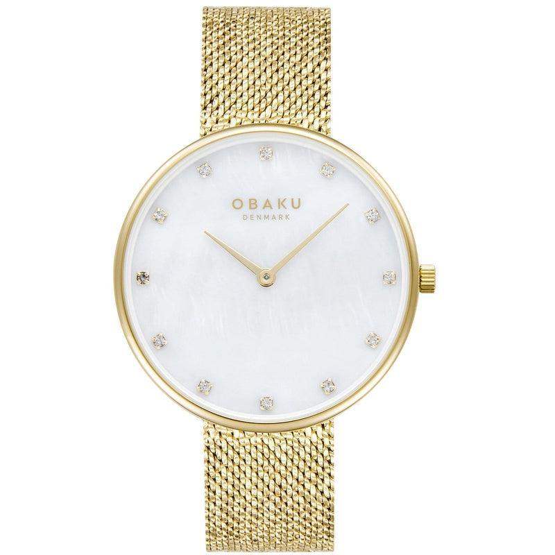 Obaku Glans V288LXCWHC ladies quartz watch with mother-of-pearl dial, crystal hour markers, and gold mesh bracelet, 36mm case