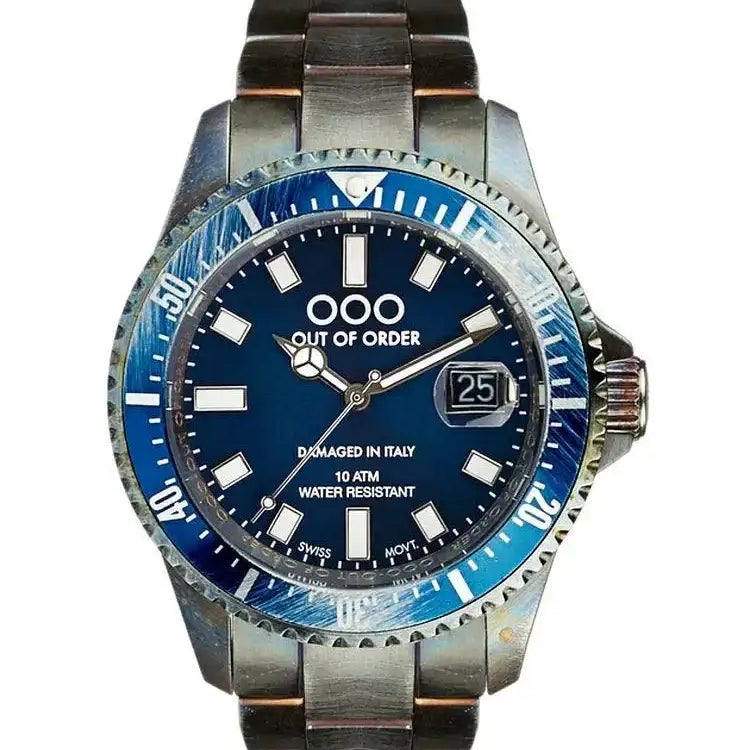 Out Of Order Casanova Blue OOO.001.18-BL.CR Swiss quartz diver watch with sunburst blue dial, stainless steel case and bracelet, unidirectional bezel