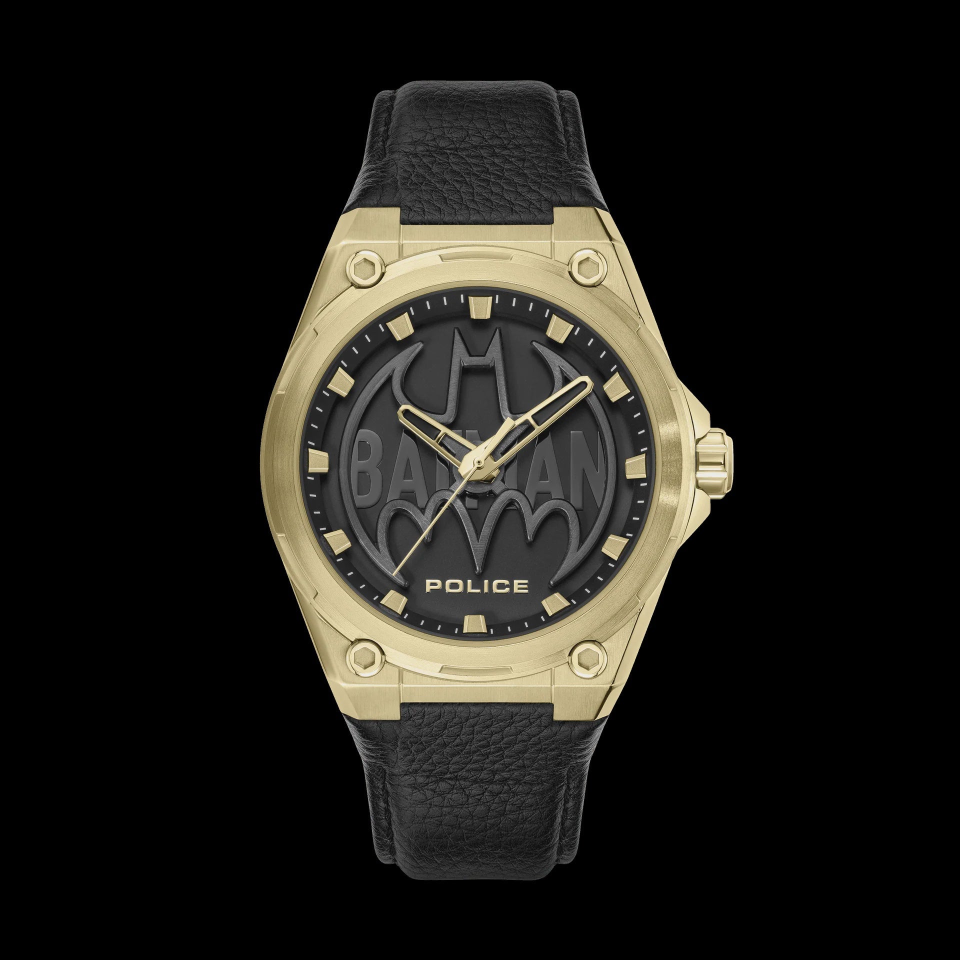 Police Batwing Batman PEWGA0090006 quartz watch with 45mm gold ion-plated stainless steel case, embossed black dial with Batman logo, and black leather strap