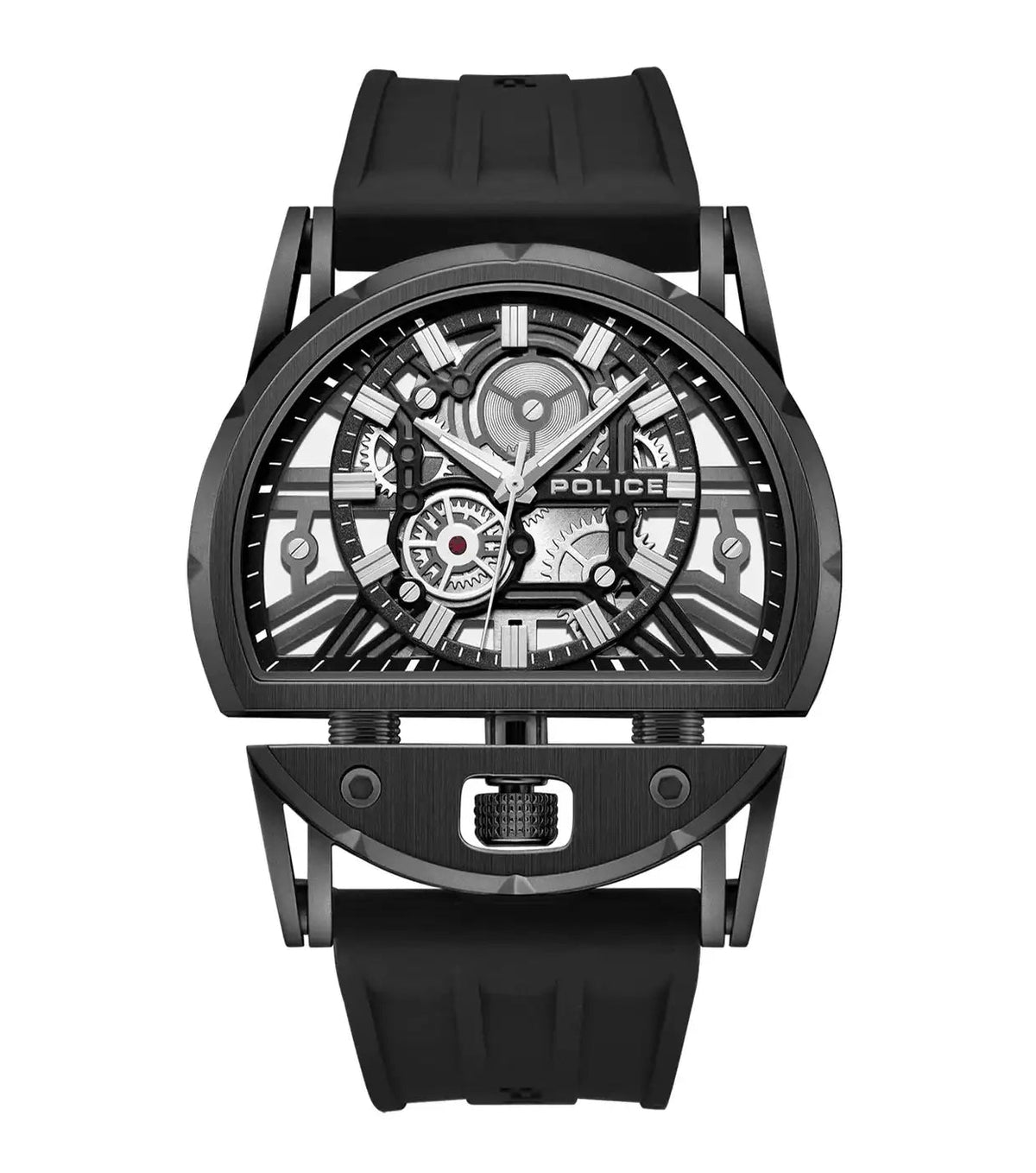 Police Daintree 2.0 PEWGM0081507 black stainless steel skeleton dial watch with rubber strap front view
