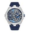 POLICE Scepter PEWGM0081703 dual time quartz watch with blue skeleton dial, 46mm stainless steel case and navy silicone strap