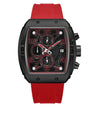 Police Coswig PEWGO0063105 quartz chronograph watch with 45mm black tonneau case, skeletal black dial with red Arabic numerals, three sub-dials, and red silicone rubber strap