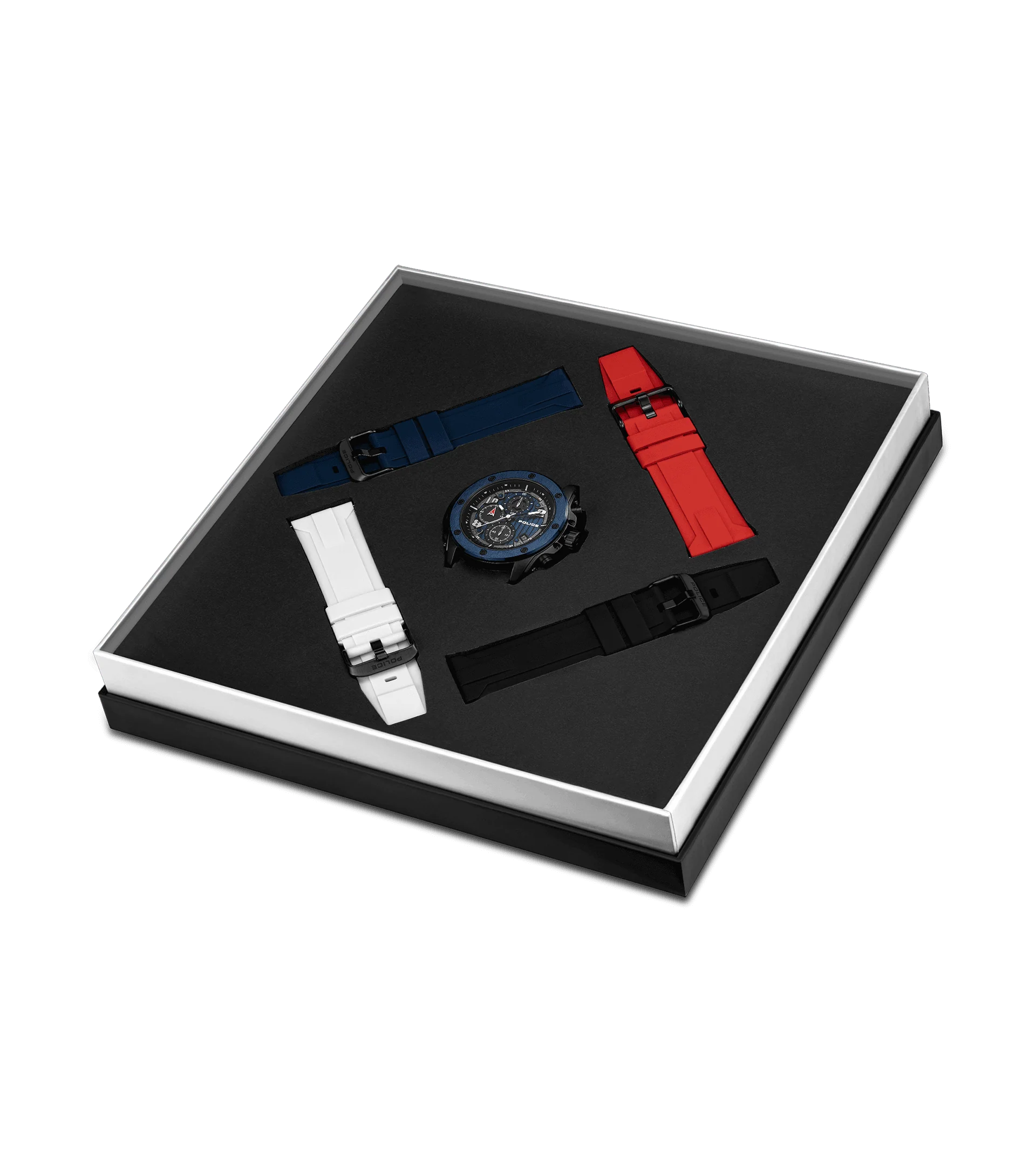 Police Clout Orb PEWGO00777X1 50.4mm quartz chronograph watch with black ion-plated case and four interchangeable silicone straps in presentation box