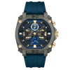 Police Norwood PEWGQ0040001 quartz chronograph watch with 45mm gunmetal PVD steel case, blue skeletonised dial, and blue silicone strap