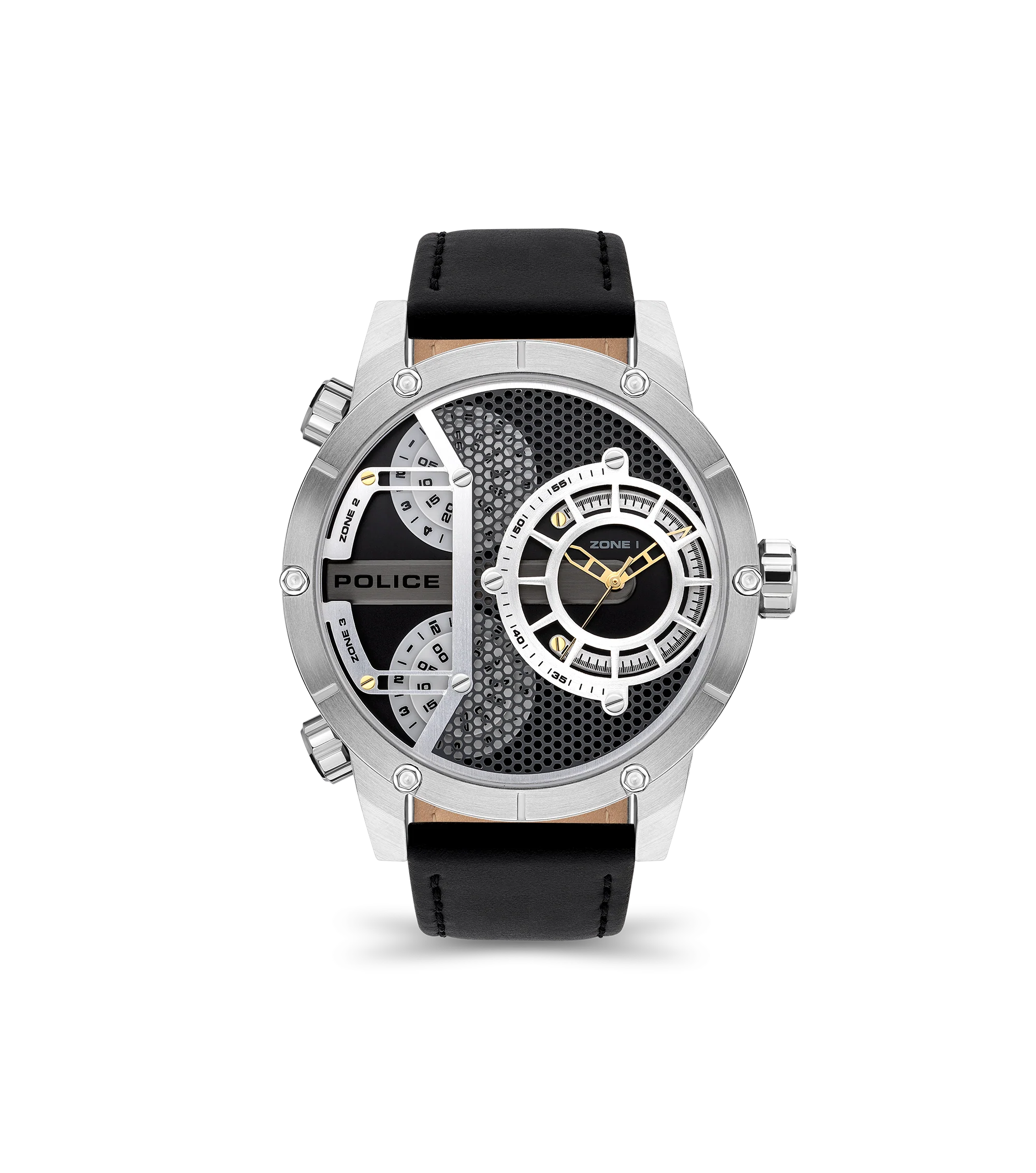 Police Vibe Men’s Watch PEWJA2118101 – Front view, silver case, black dial