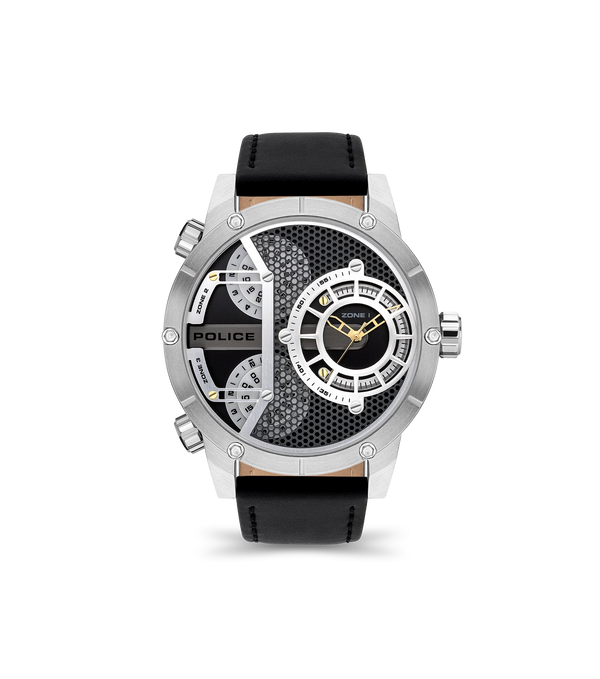Police Vibe Men’s Watch PEWJA2118101 – Front view, silver case, black dial